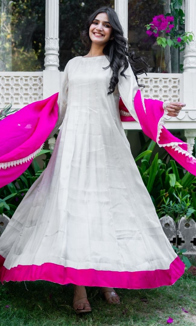 white and pink anarkali dress Ivory & Pink Ombre Cotton Chikan Sequins & Pearl Embellished Anarkali Set  Design by AJAY & PRIYANKA at Pernia's Pop Up Shop 2026