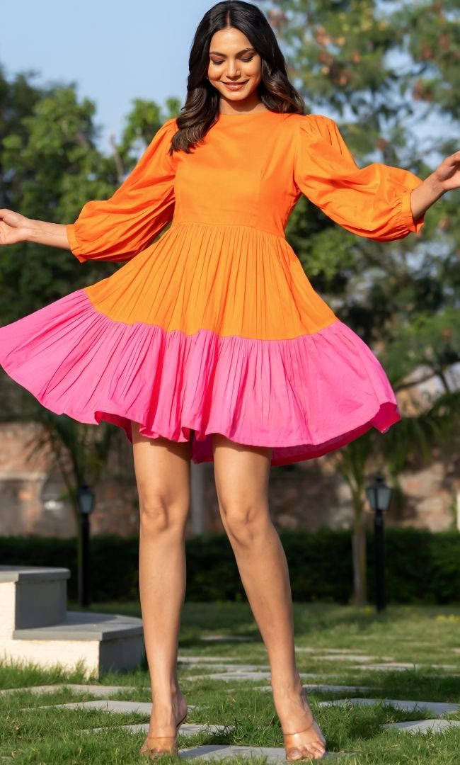 orange colour block dress Fancy Flourish Color Block Mini Dress in Orange Curves XL / Orange