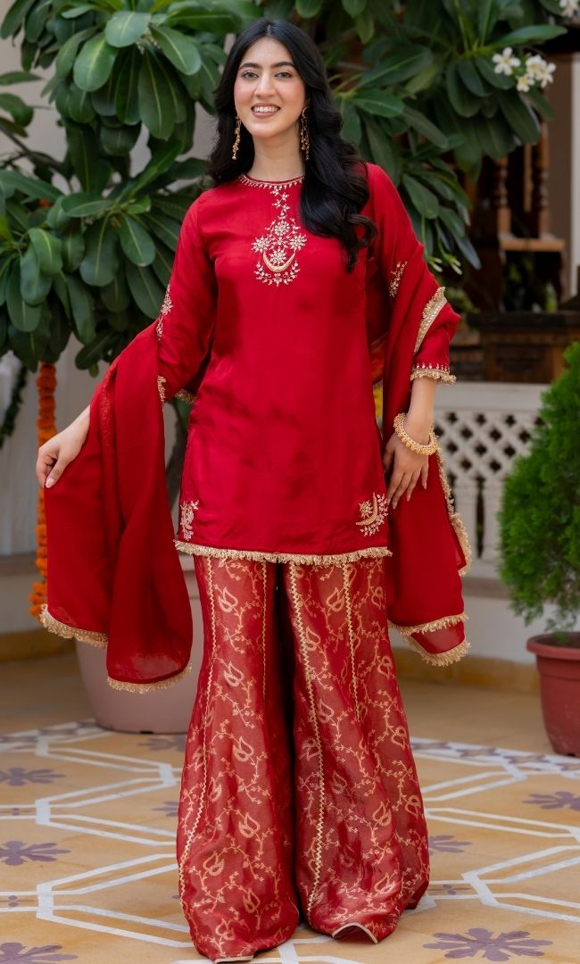 Carnation Red Handwork Suit Set