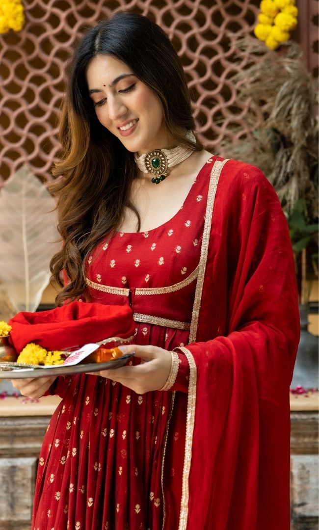 Hania Red Chanderi Anarkali Set