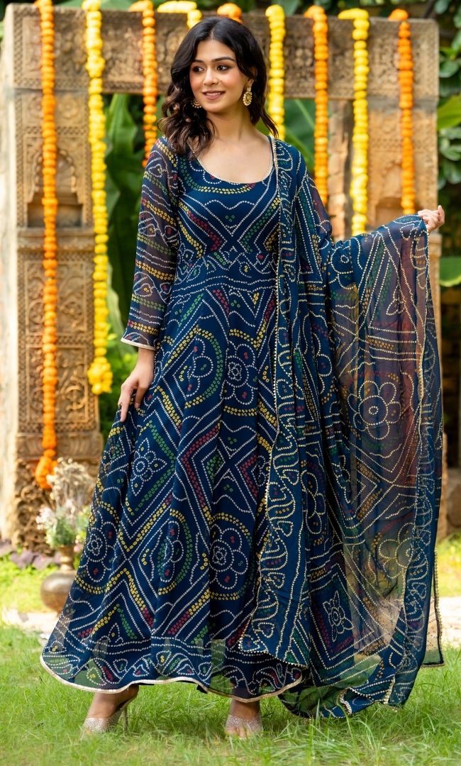 Vintage Blue Bandhej Anarkali Set