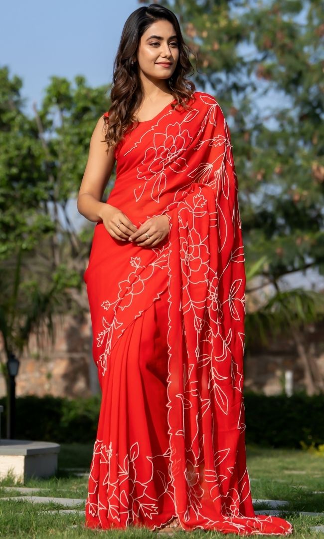 Red Pearl Work Saree