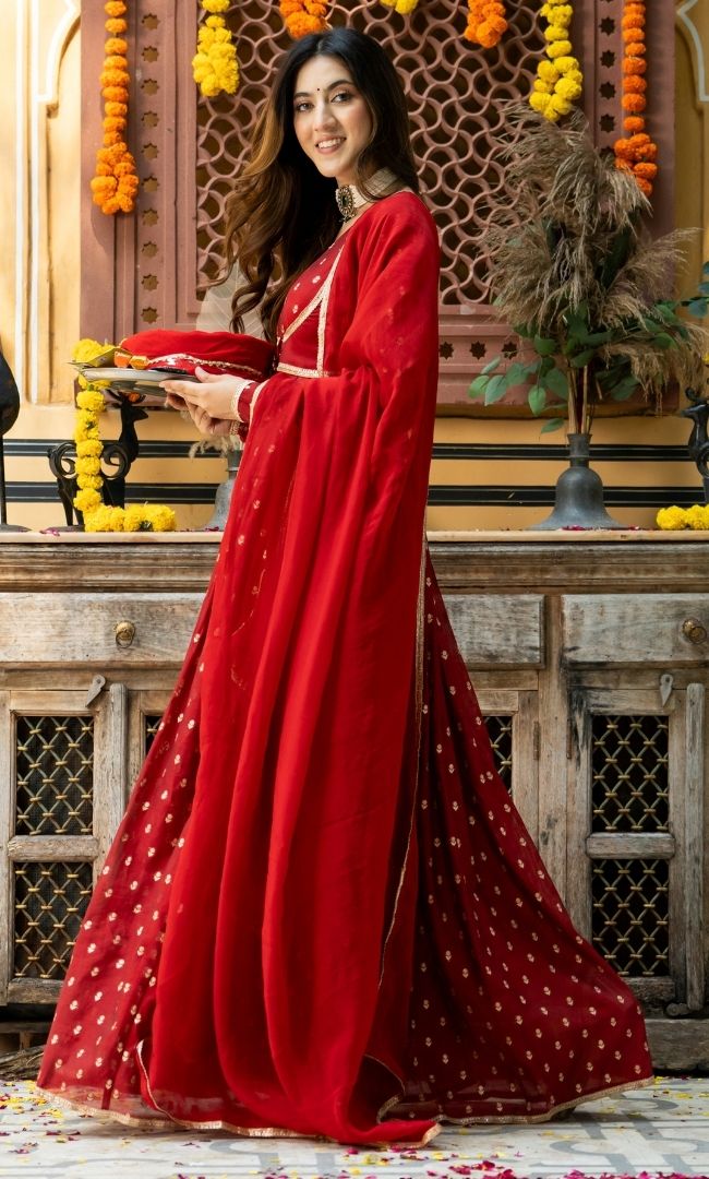 Hania Red Chanderi Anarkali Set