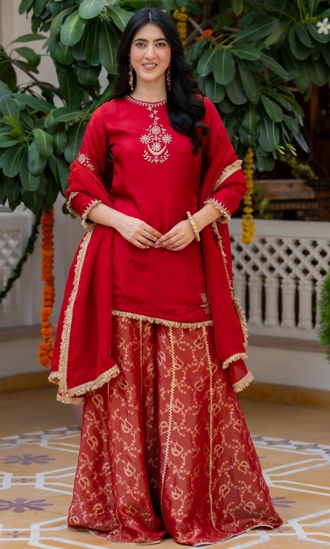 Carnation Red Handwork Suit Set