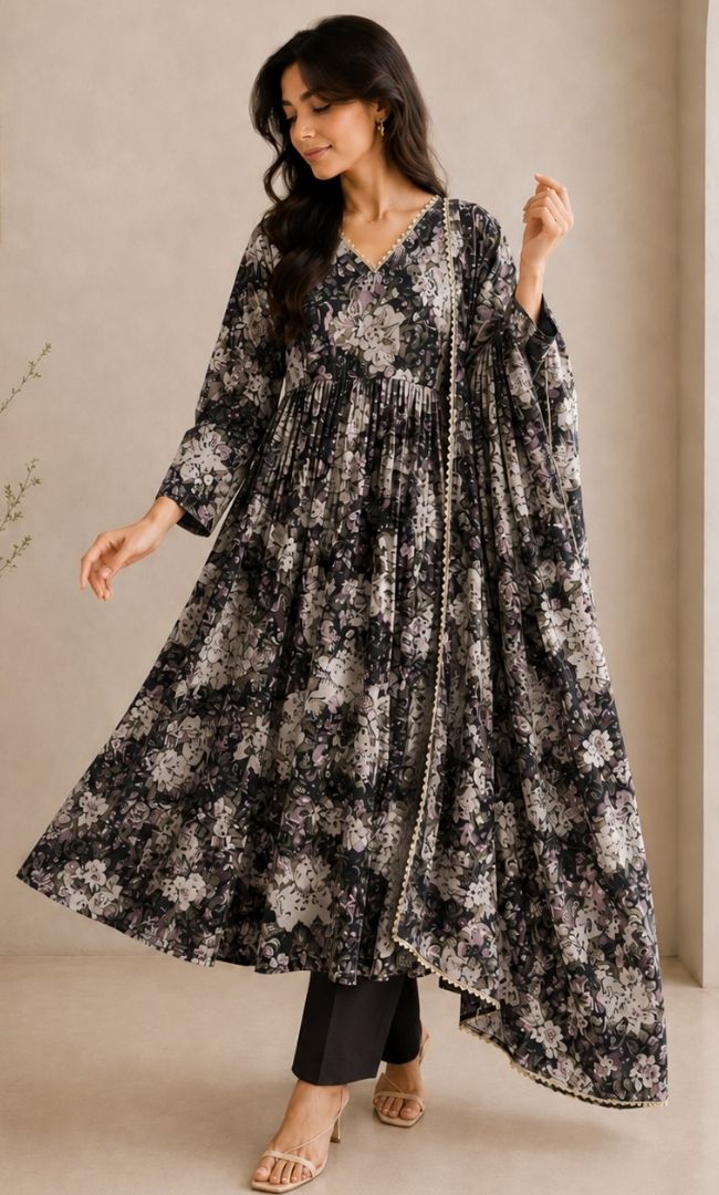 Black White  Floral Anarkali Set