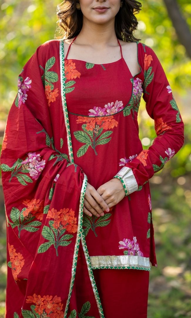 Brick Floral Short Kurta Set