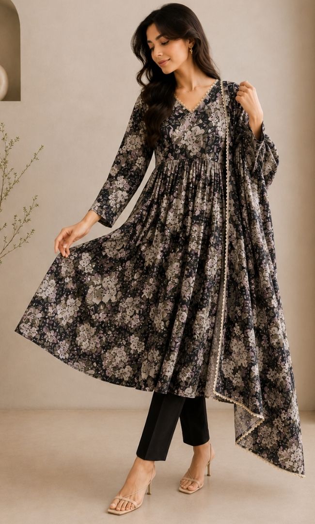 Black White  Floral Anarkali Set