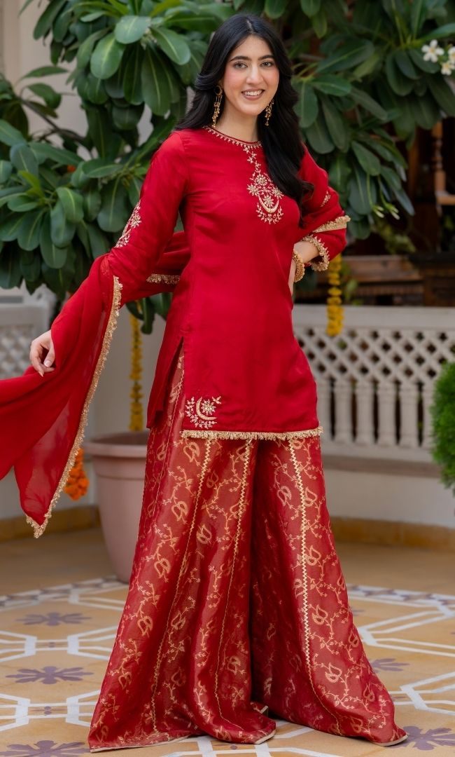 Carnation Red Handwork Suit Set