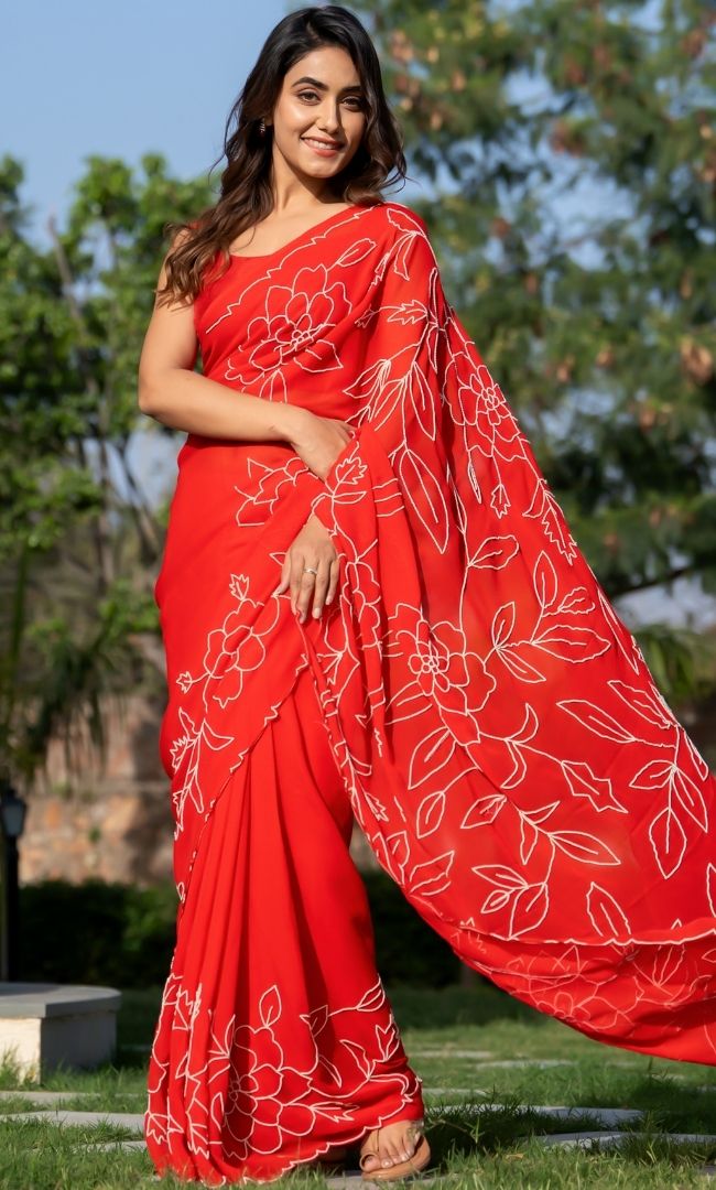 Red Pearl Work Saree