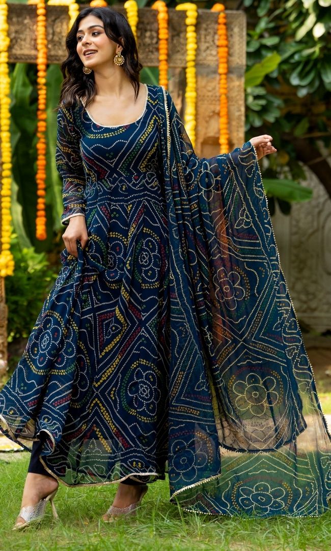 Vintage Blue Bandhej Anarkali Set
