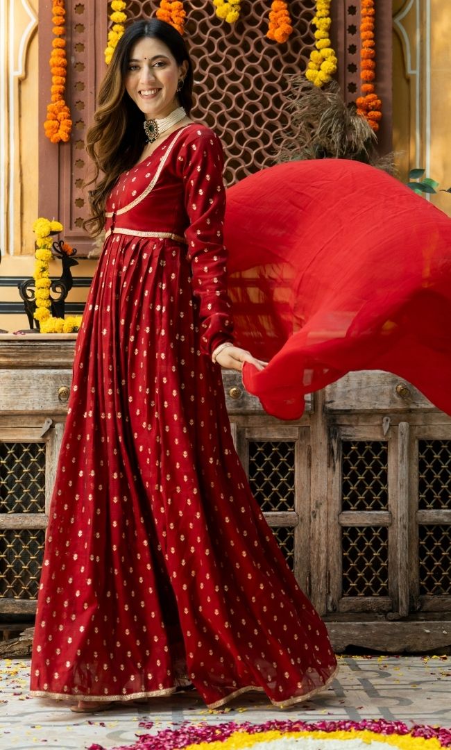 Hania Red Chanderi Anarkali Set