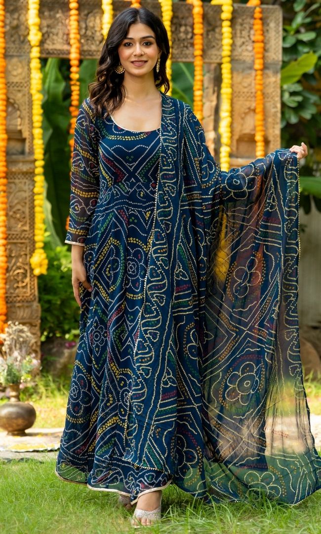 Vintage Blue Bandhej Anarkali Set