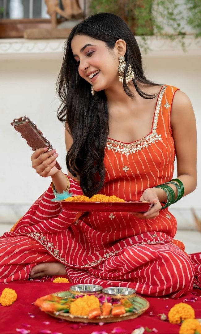 Jaipur Sunset Orange leheriya Suit Set