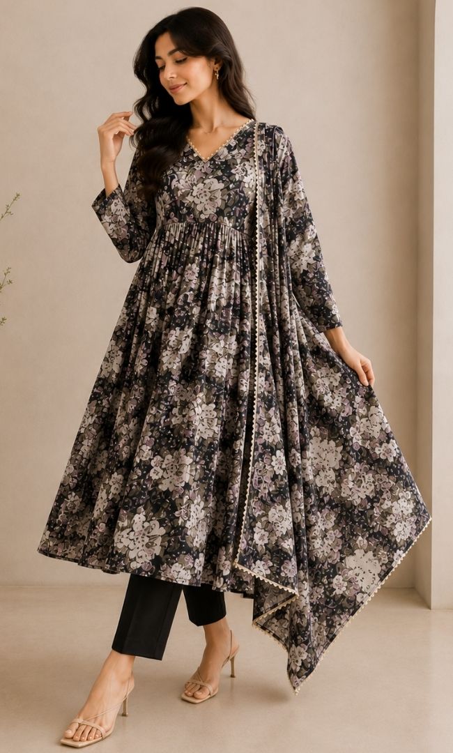 Black White  Floral Anarkali Set