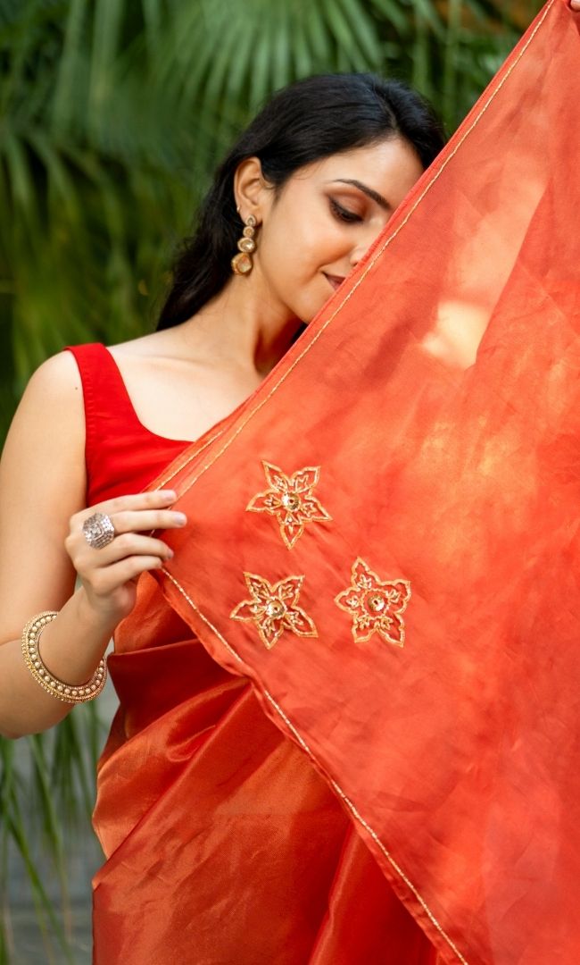 Fire Red Tissue Saree