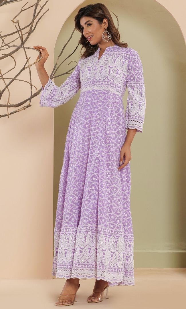Lilac Chikankari Anarkali Set