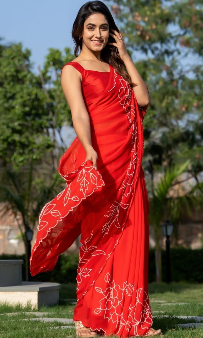 Red Pearl Work Saree