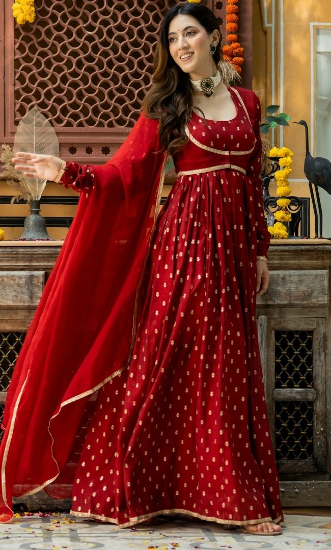 Hania Red Chanderi Anarkali Set
