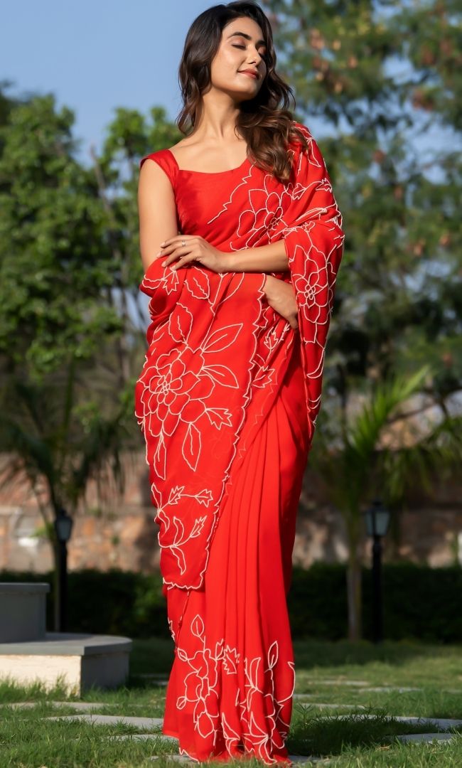 Red Pearl Work Saree