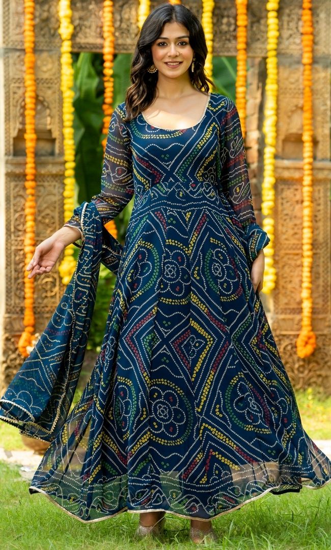 Vintage Blue Bandhej Anarkali Set