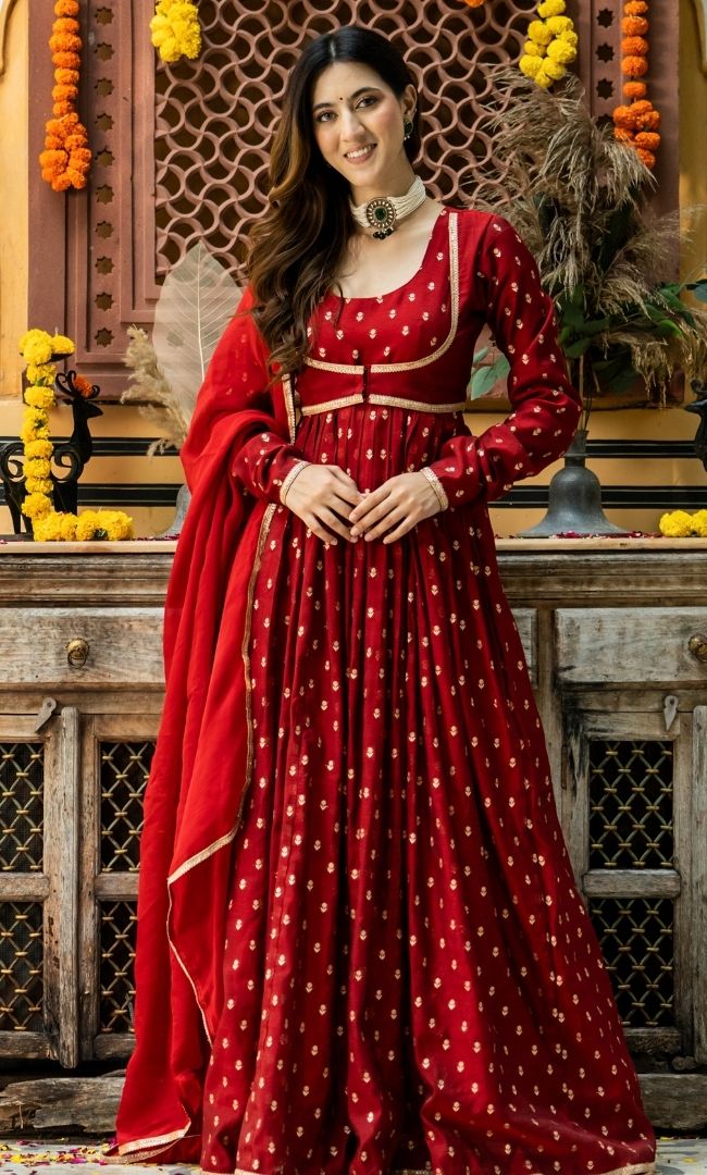 Hania Red Chanderi Anarkali Set