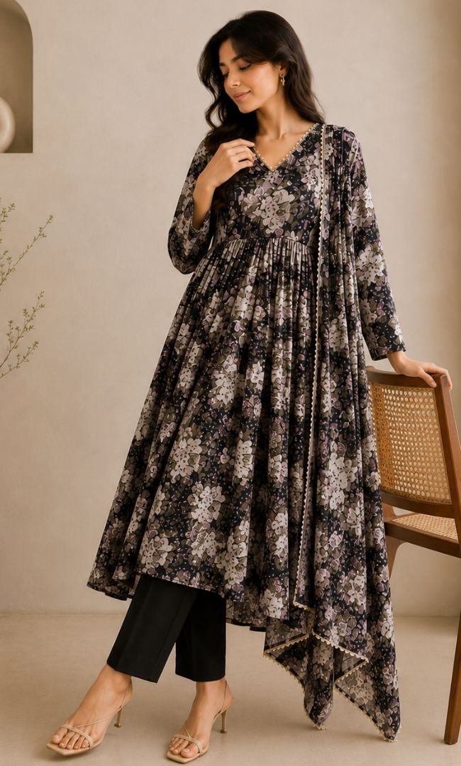 Black White  Floral Anarkali Set