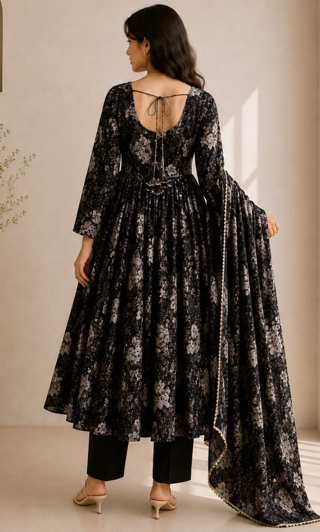 Black White  Floral Anarkali Set