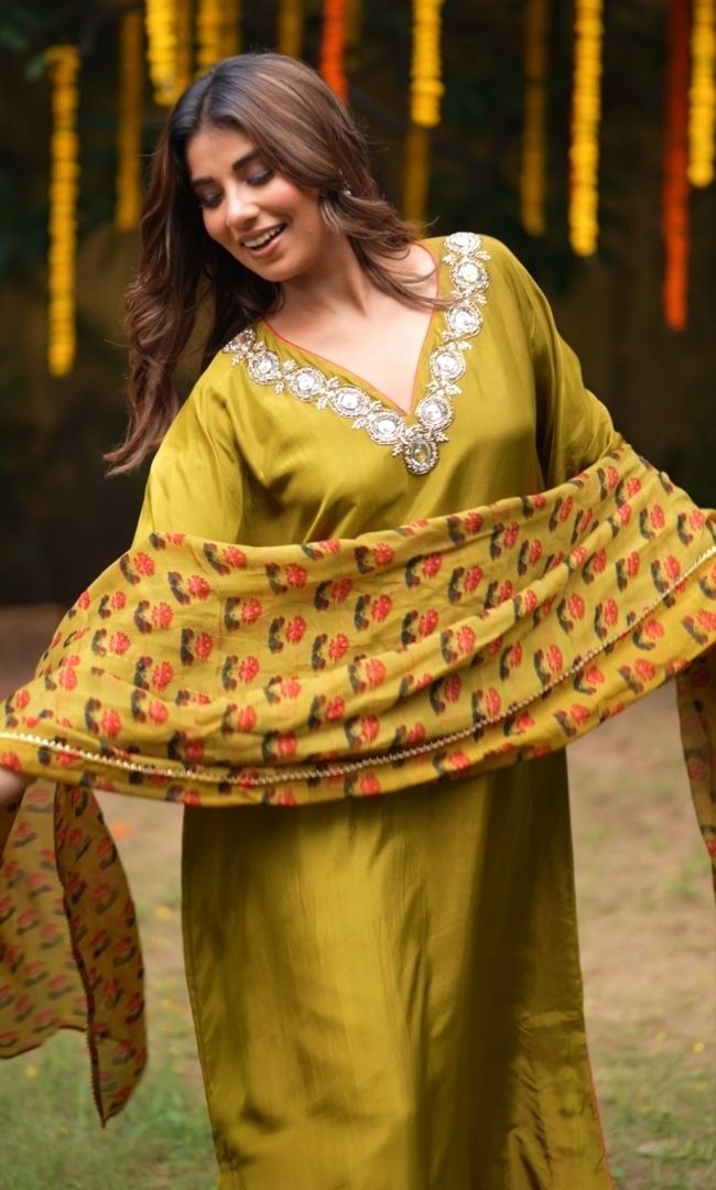 Sheesh Green Kaftan Suit Set