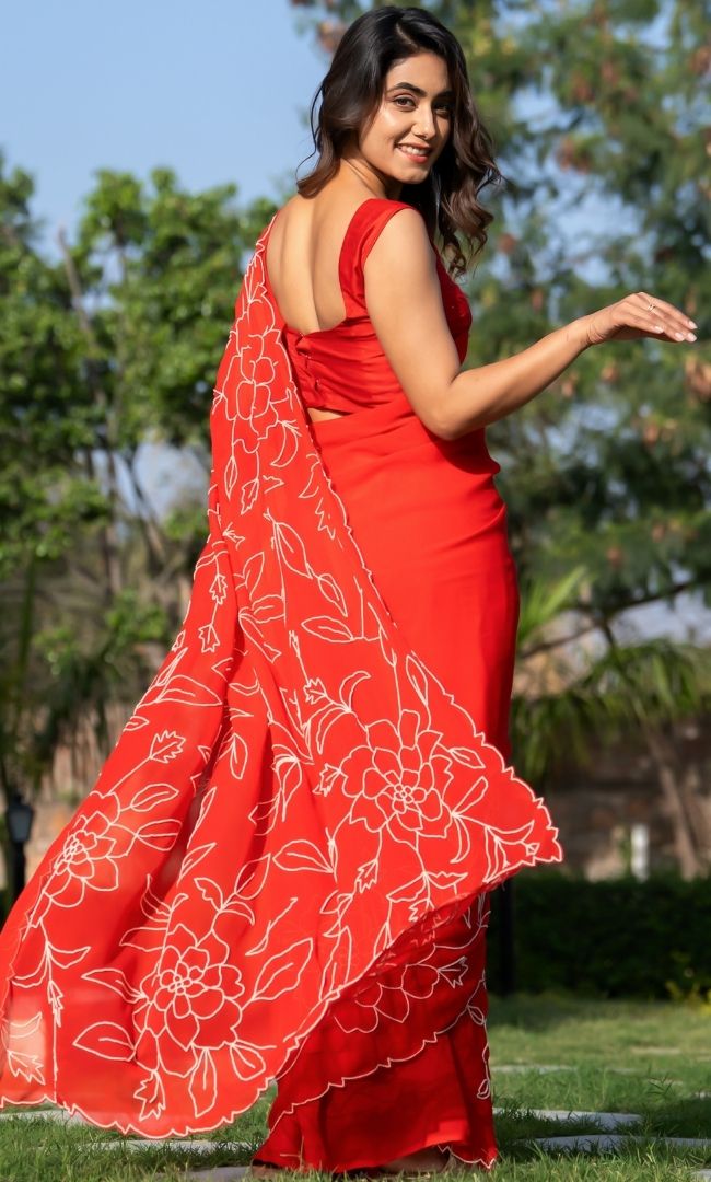 Red Pearl Work Saree
