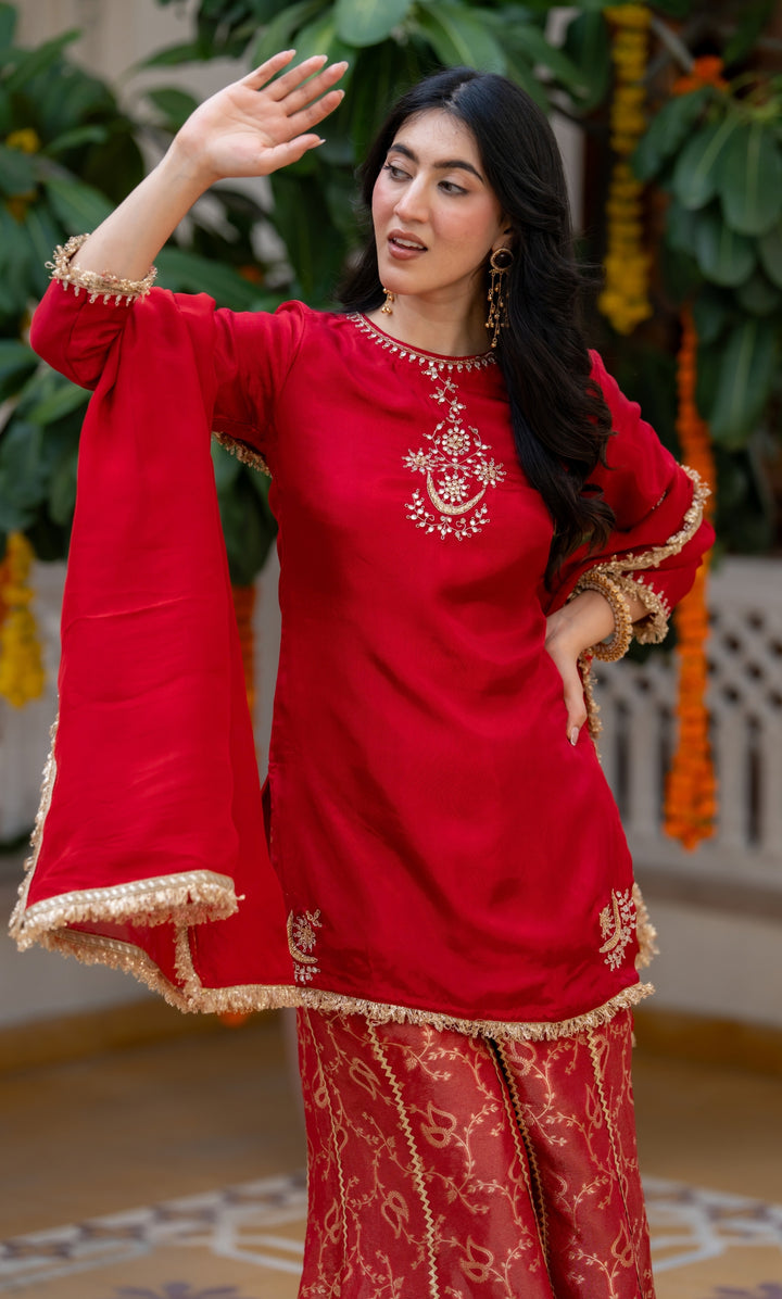 Carnation Red Handwork Suit Set