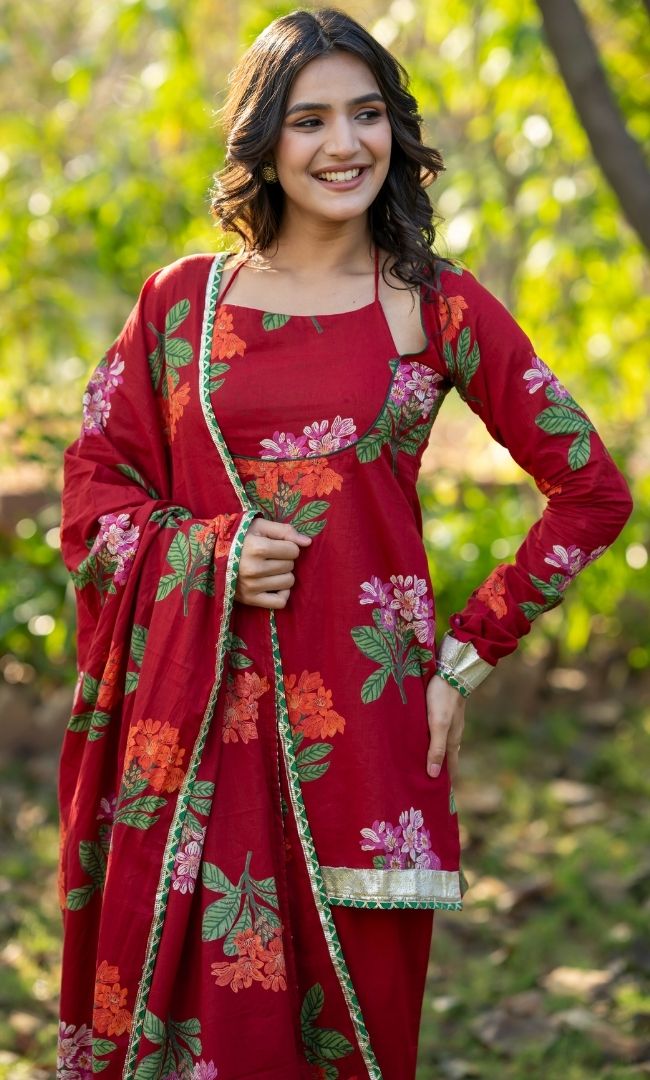 Brick Floral Short Kurta Set
