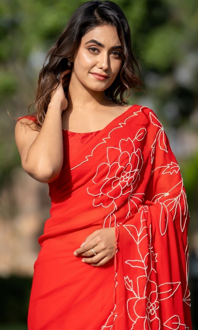 Red Pearl Work Saree