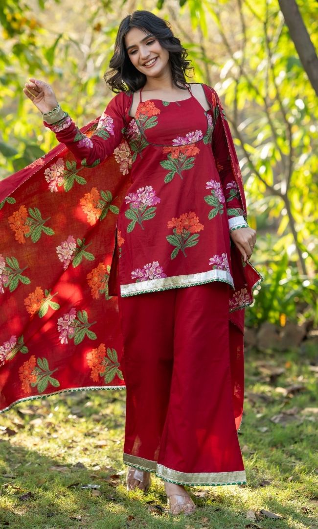 Brick Floral Short Kurta Set
