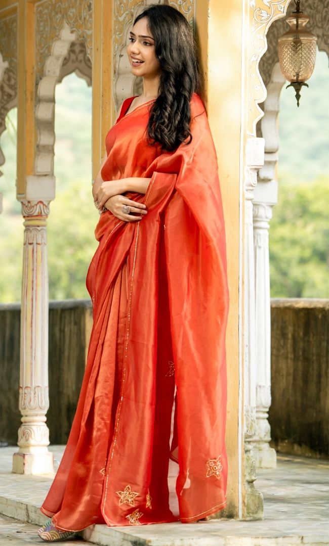 Fire Red Tissue Saree