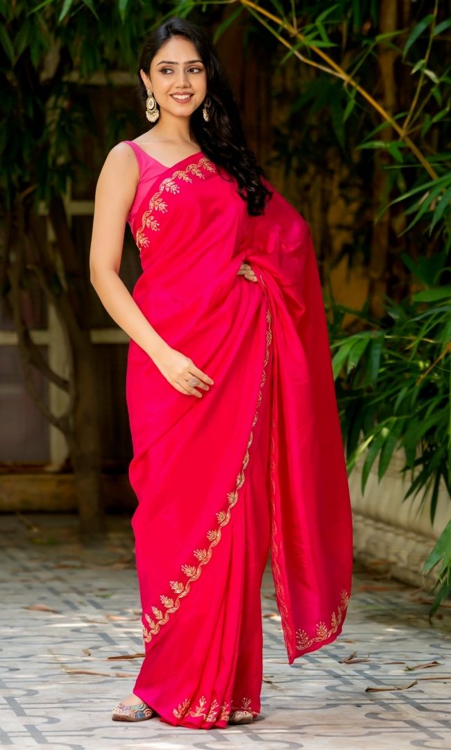 Bright Pink Curtdana Work Saree