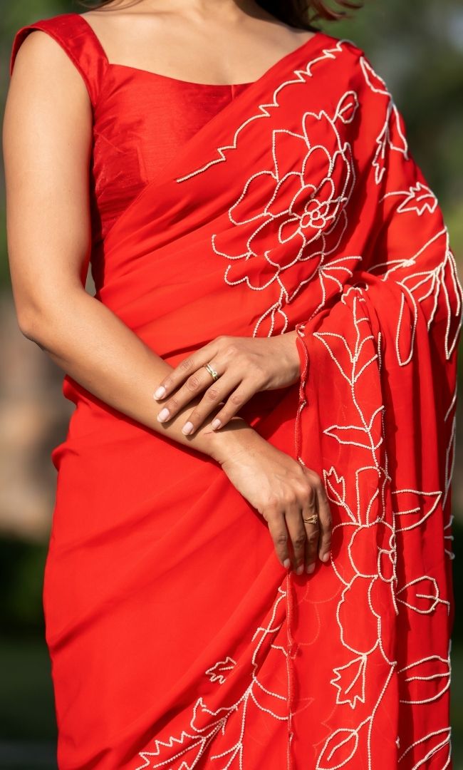 Red Pearl Work Saree