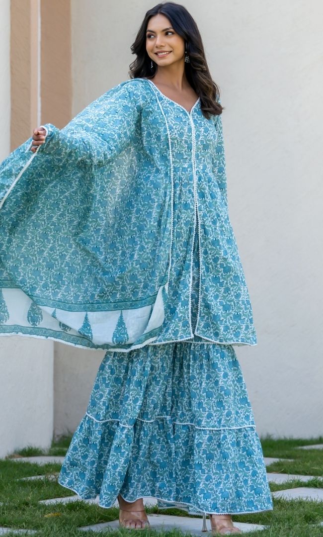 Sea Green Cotton Sharara Set