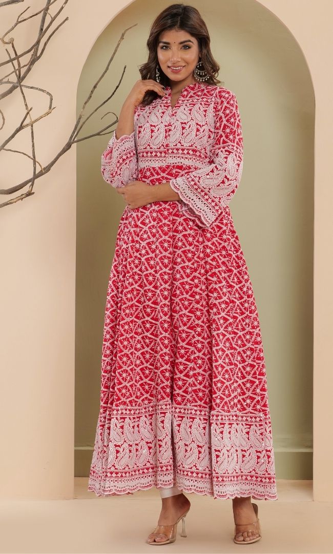 Rose Chikankari Anarkali Set