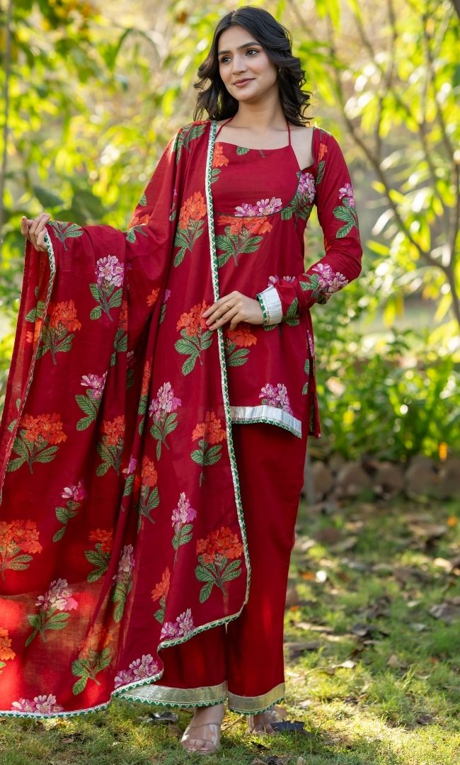 Brick Floral Short Kurta Set