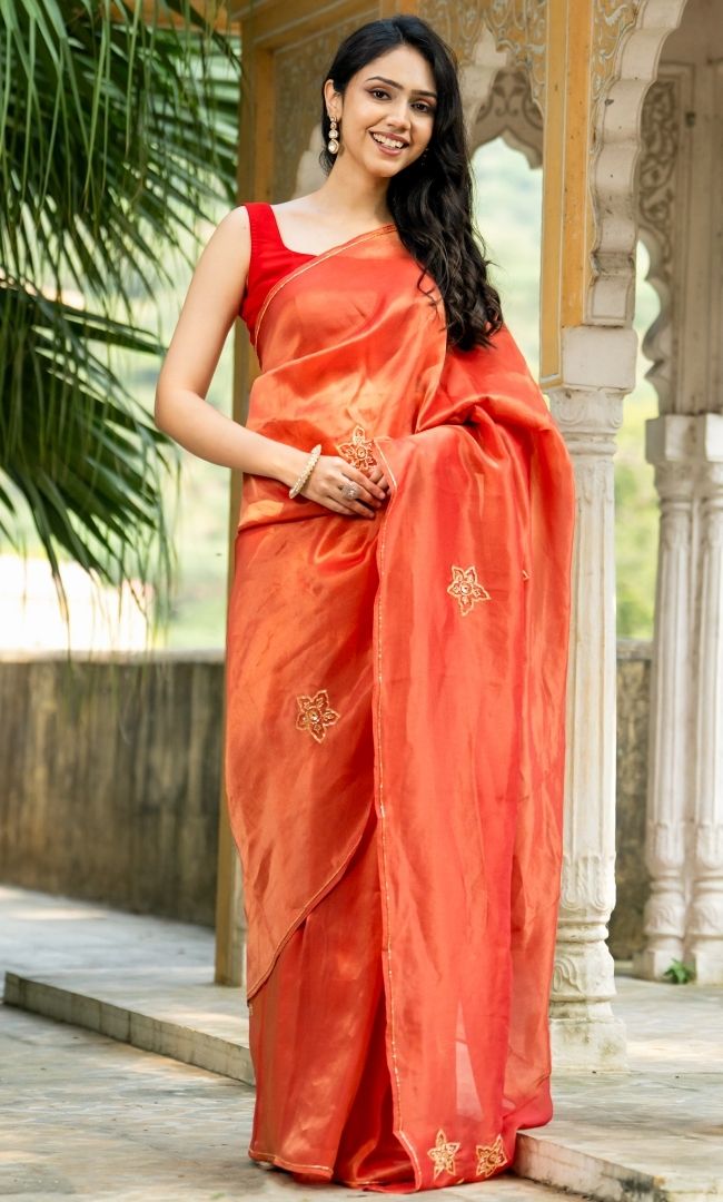 Fire Red Tissue Saree