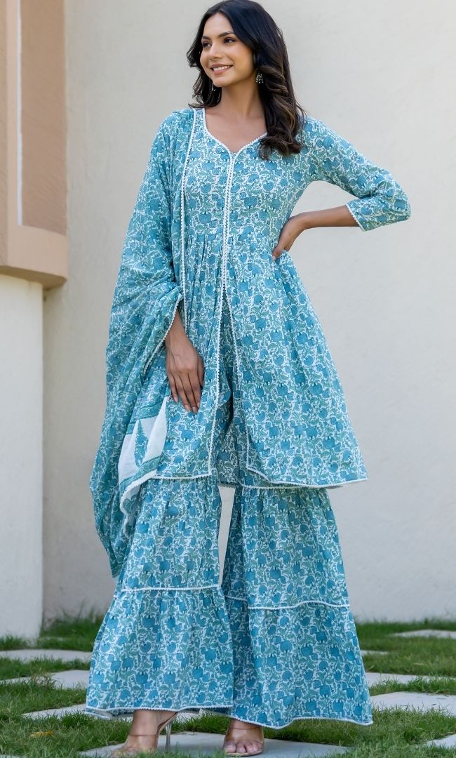Sea Green Cotton Sharara Set