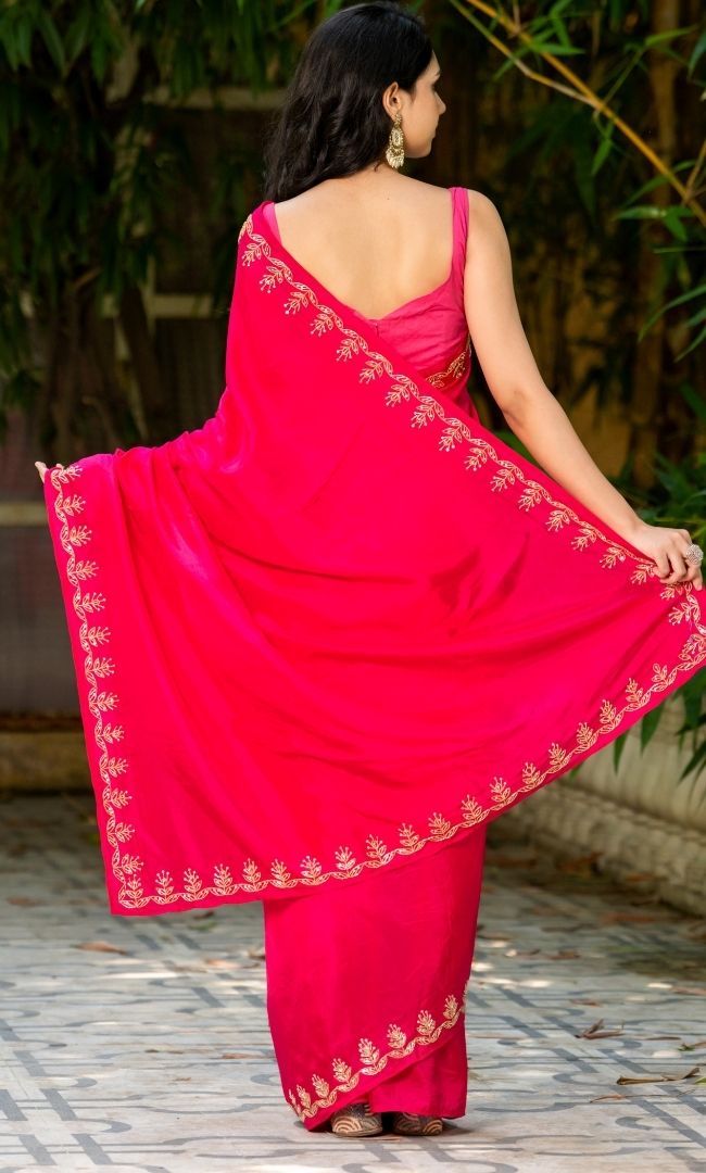Bright Pink Curtdana Work Saree