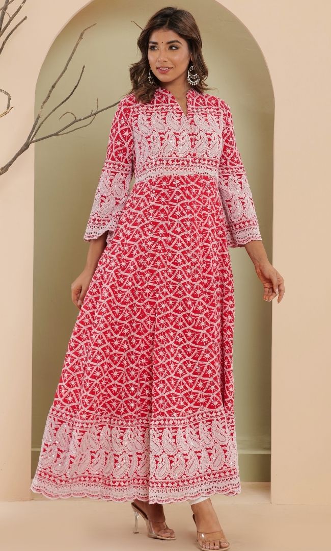 Rose Chikankari Anarkali Set