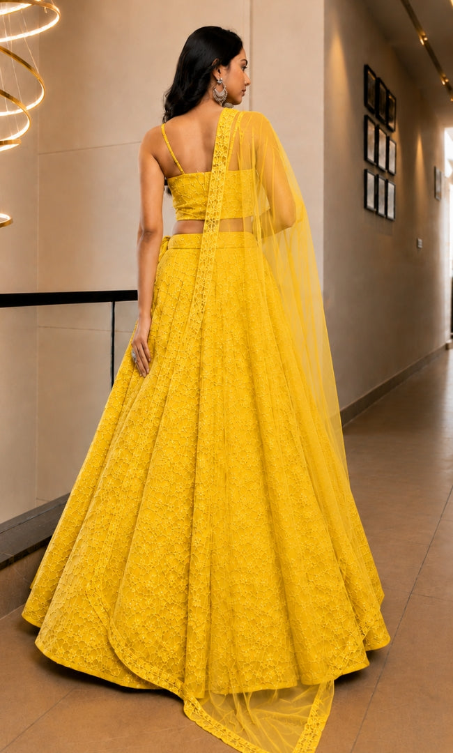 Yellow Floral Sequin Embroidery Lehenga Set
