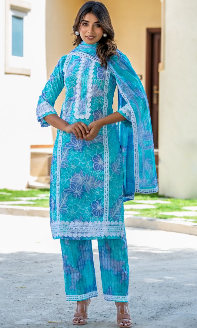 Aqua Printed Cotton Suit Set