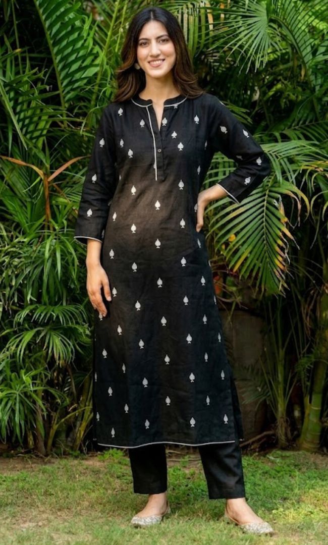 Black Pikes Spades Cotton Kurta Set