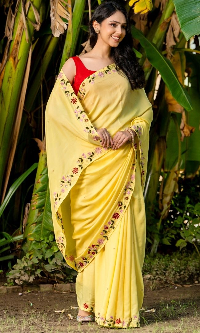 Grass Yellow Embroidered Saree