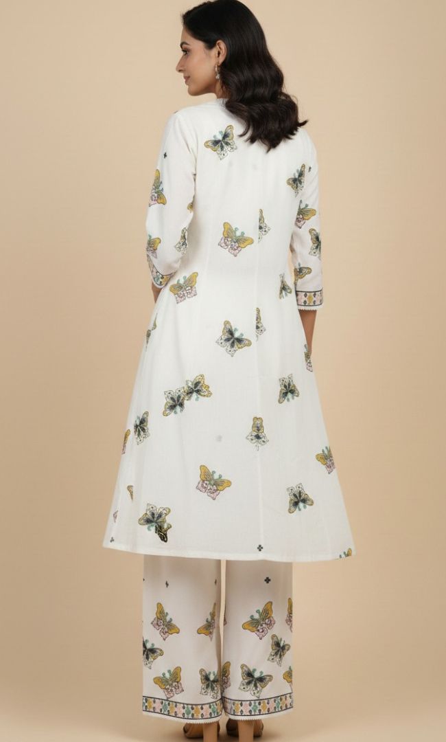 Embroidered White Cotton Butterfly Kurta