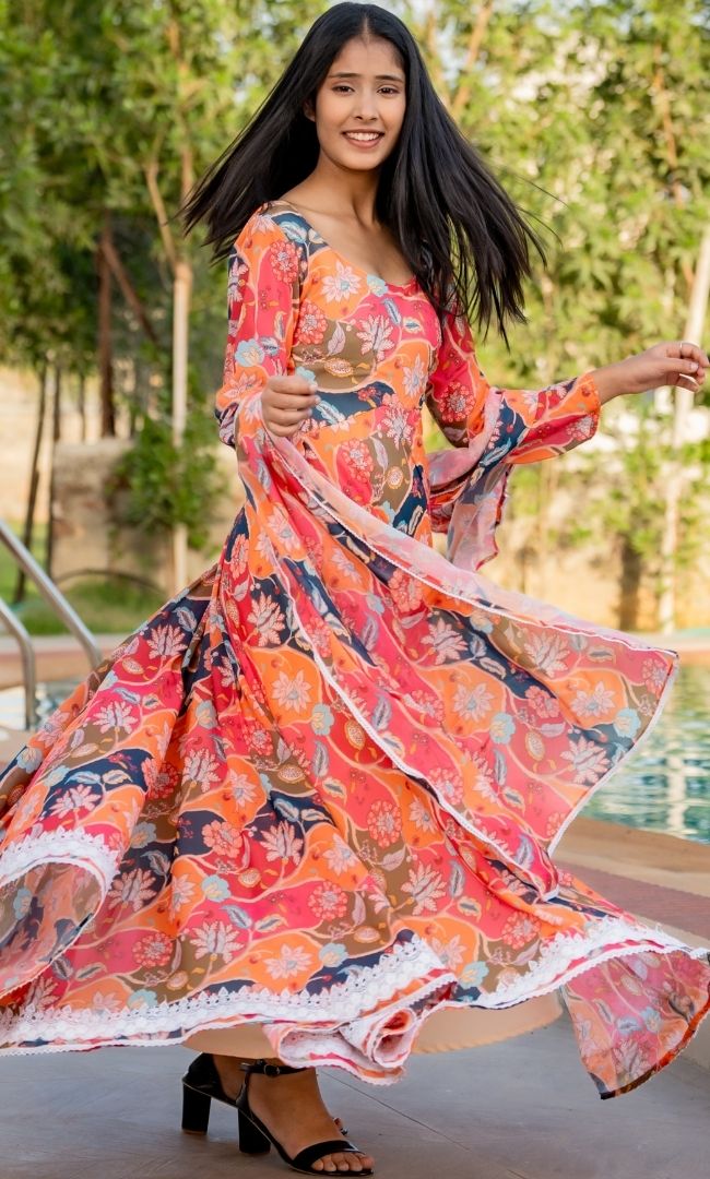 Tiara Orange Floral Anarkali Set