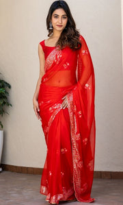 Blush Red Mirror Work Saree